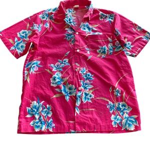 Hawaii Shirt Medium Mens Pink Blue Floral Orchid Aloha Short Sleeve Camp Hawiaan